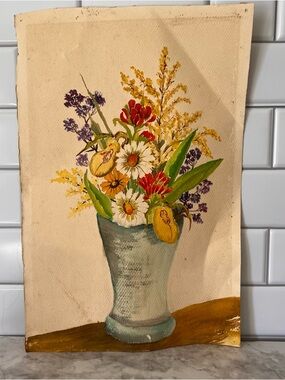 Hand-Painted Floral Still Life in Vase - Yellow, Red, Green, Purple